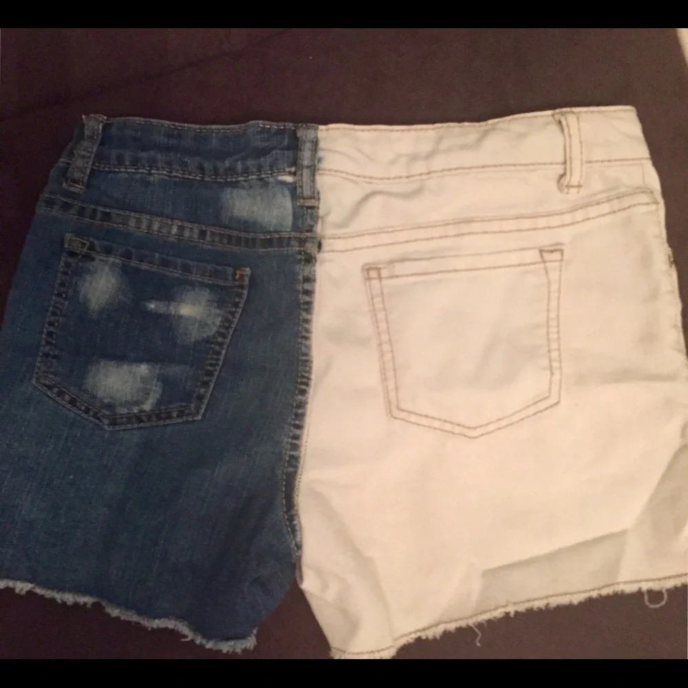 Girls Sz 14 distressed multi color two toned jean shorts embellished studs .